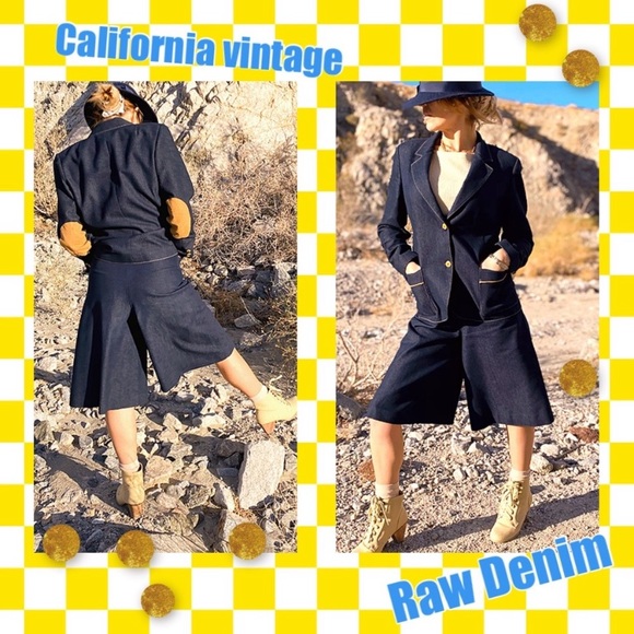 VTG 70s Dark Raw Denim Wide Leg Bermuda Shorts & Coordinated Blazer Set, sz 6/8 - Picture 16 of 16